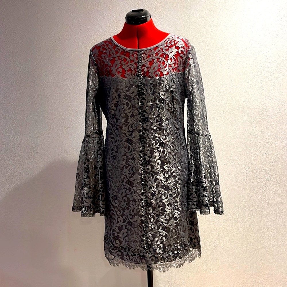 Silver metallic lace dress with bell sleeves.